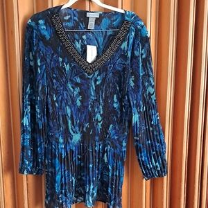 Blue and Black V-Neck Top with Beaded Trim